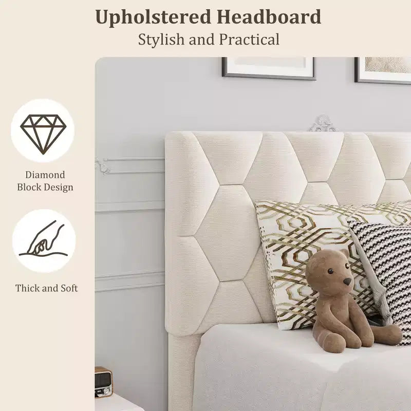 Cadre de lit plateforme rembourré avec tête de lit en tissu réglable Lattes en bois robustes, sans bruit, assemblage facile, aucun sommier tapissier requis