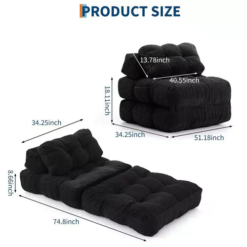2-Pack Folding Sleeper Sofa Chair, Ergonomic Lumbar Pillow, Shredded Foam, Machine Washable Cover, Black