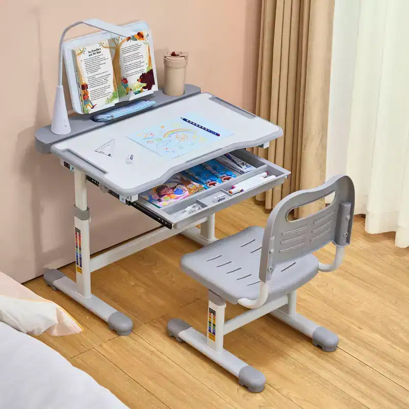 Chaise et bureau pour enfants Lampe de table Hauteur réglable Bureau inclinable Gris Robuste
