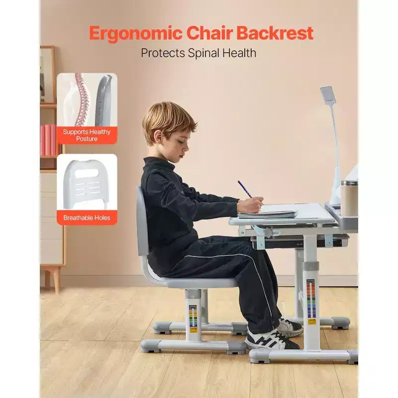 Chaise et bureau pour enfants Lampe de table Hauteur réglable Bureau inclinable Gris Robuste