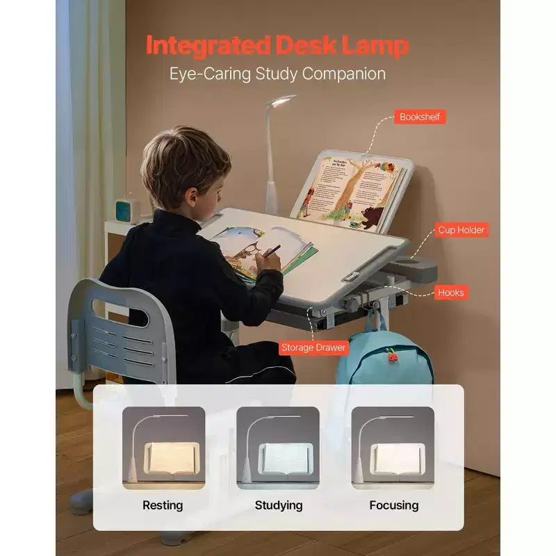 Chaise et bureau pour enfants Lampe de table Hauteur réglable Bureau inclinable Gris Robuste