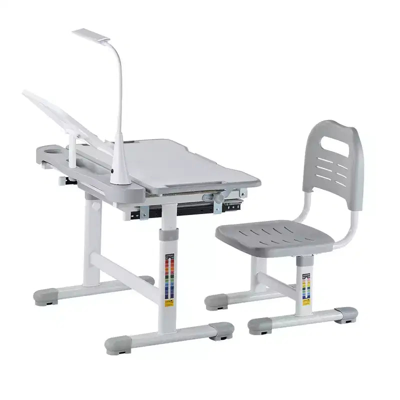 Chaise et bureau pour enfants Lampe de table Hauteur réglable Bureau inclinable Gris Robuste