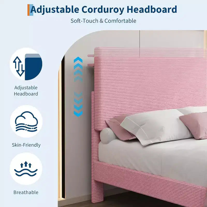 Cadre de lit plateforme simple avec tête de lit réglable en velours côtelé, station de charge et rangement, rose