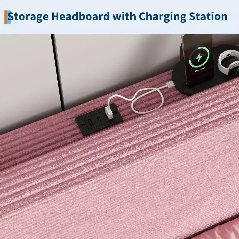 Cadre de lit plateforme simple avec tête de lit réglable en velours côtelé, station de charge et rangement, rose