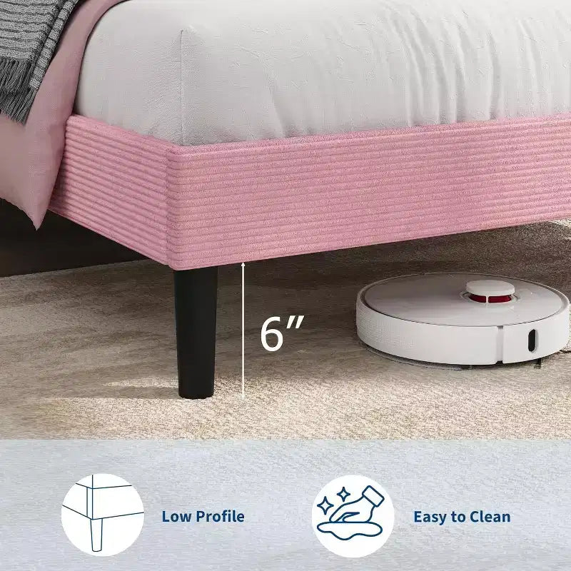 Cadre de lit plateforme simple avec tête de lit réglable en velours côtelé, station de charge et rangement, rose