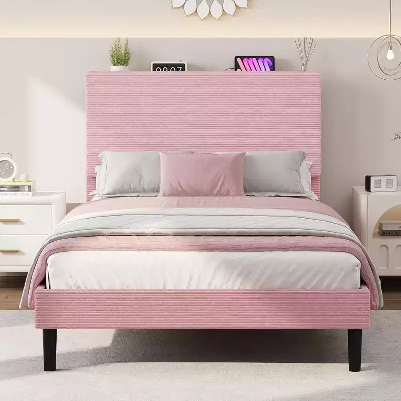 Cadre de lit plateforme simple avec tête de lit réglable en velours côtelé, station de charge et rangement, rose