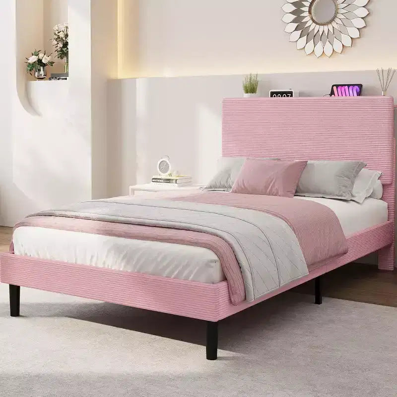 Cadre de lit plateforme simple avec tête de lit réglable en velours côtelé, station de charge et rangement, rose