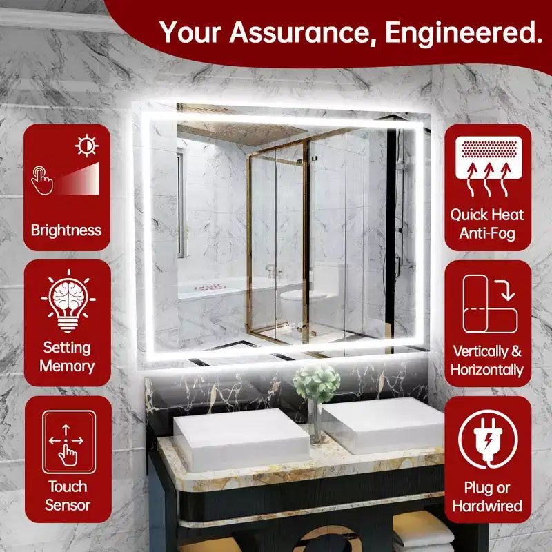 Miroir de salle de bain LED anti-buée 48x40 avec éclairage et variateur