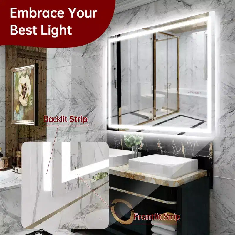 Miroir de salle de bain LED anti-buée 48x40 avec éclairage et variateur